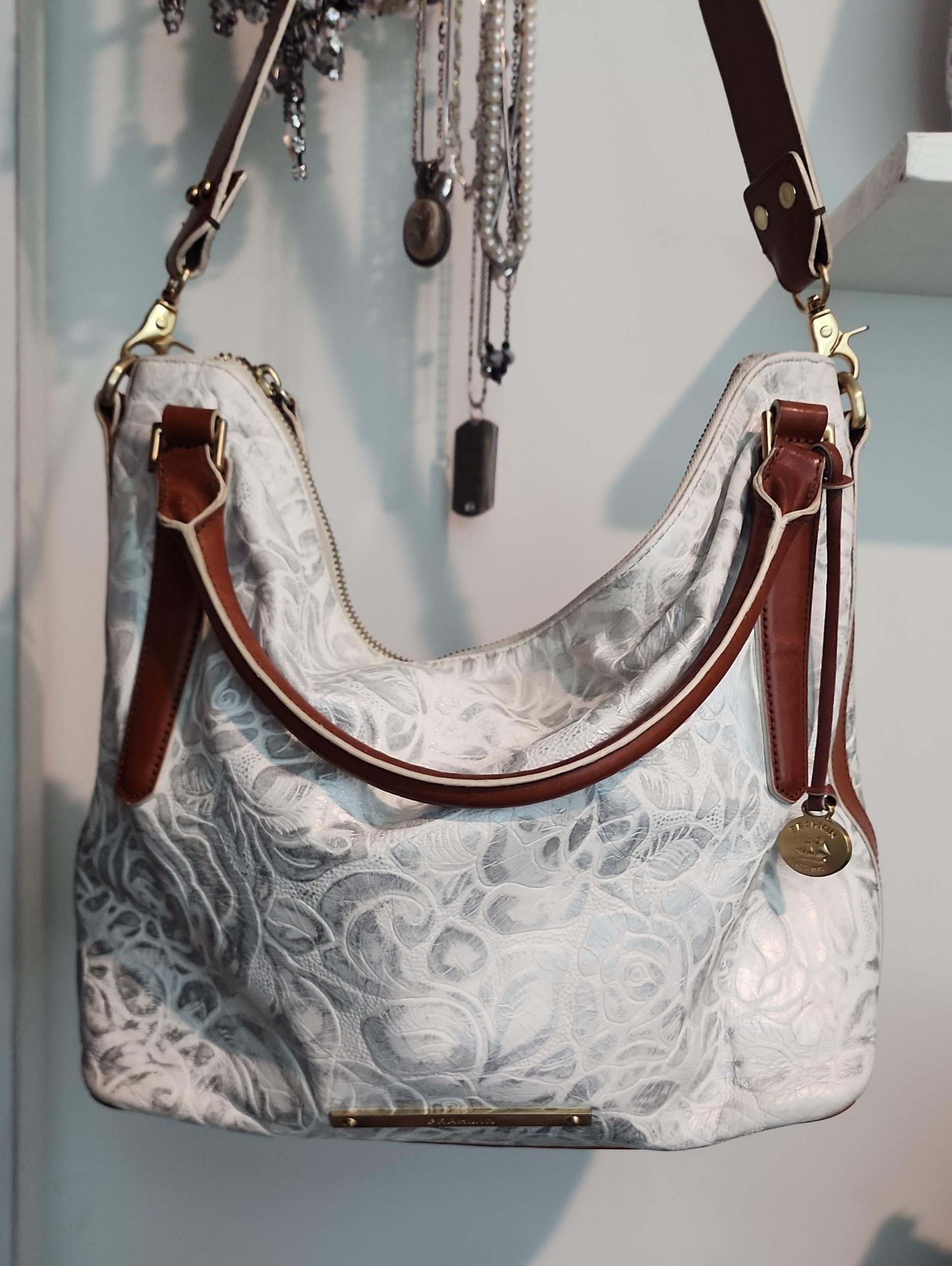 Brahmin Norah White Lyon Rose Embossed Shoulder Bag Genuine Leather